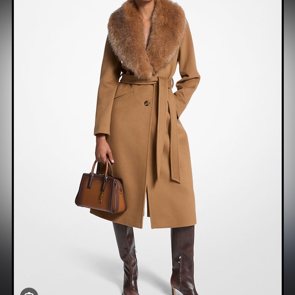 MK Michael Kors belted Woolf face fur collar coat camel brown xs classic beauty - Picture 2 of 12